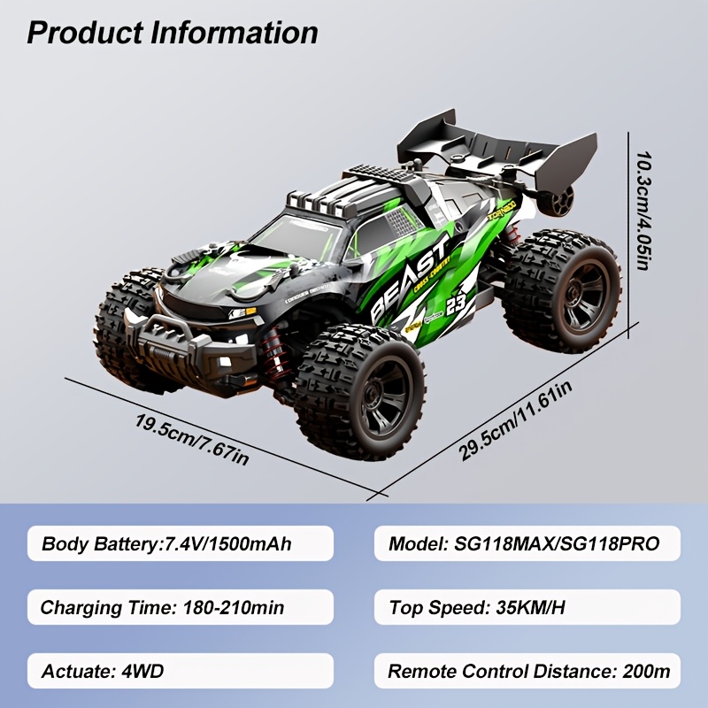 4WD High-Speed RC Off-Roader | 35KM/H Stunt Toy Car With Wheelie Bar & Adjustable LED Lights | 1:18 Scale Model | 7.4V Long-Life Battery | All-Terrain RC Truck For Adults & Kids - Outdoor Gift - Image 6
