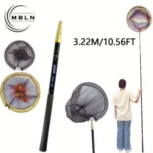 [Retractable Fishing Net] MBLN 3m Extra-Long Retractable Carbon Fiber Fishing Net | Durable Mesh & Comfortable Handle - Black & Yellow Design for Easy Fish Catching