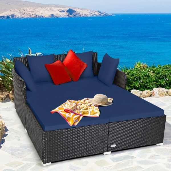 [Weather-Resistant | Rattan] Costway 2-Person Weather-Resistant Rattan Daybed with Cushions and Pillows | Modern Outdoor Sofa | Durable Patio Furniture, 800 lbs Capacity, Turquoise & Red Accents, Includes Instruction Manual - Image 5