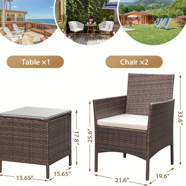 3pcs Rattan Outdoor Patio Set Wicker Conversation Set with Cushion Glass Coffee Table - Image 4