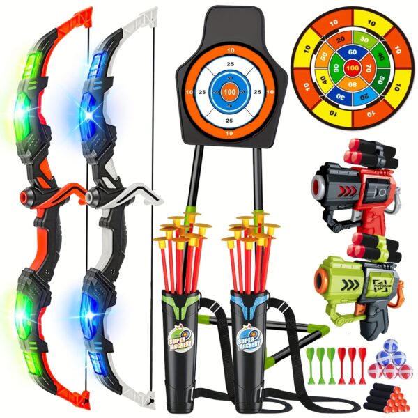 VATOS 2 Pack Bow and Arrow Toy for 5 6 7 8 9 10 11 Year Old Boys Girls, Light Up Archery Toy With Cup Suction Standing Target & 29 IN Dart Board, Indoor Outdoor Activity Toys Birthday