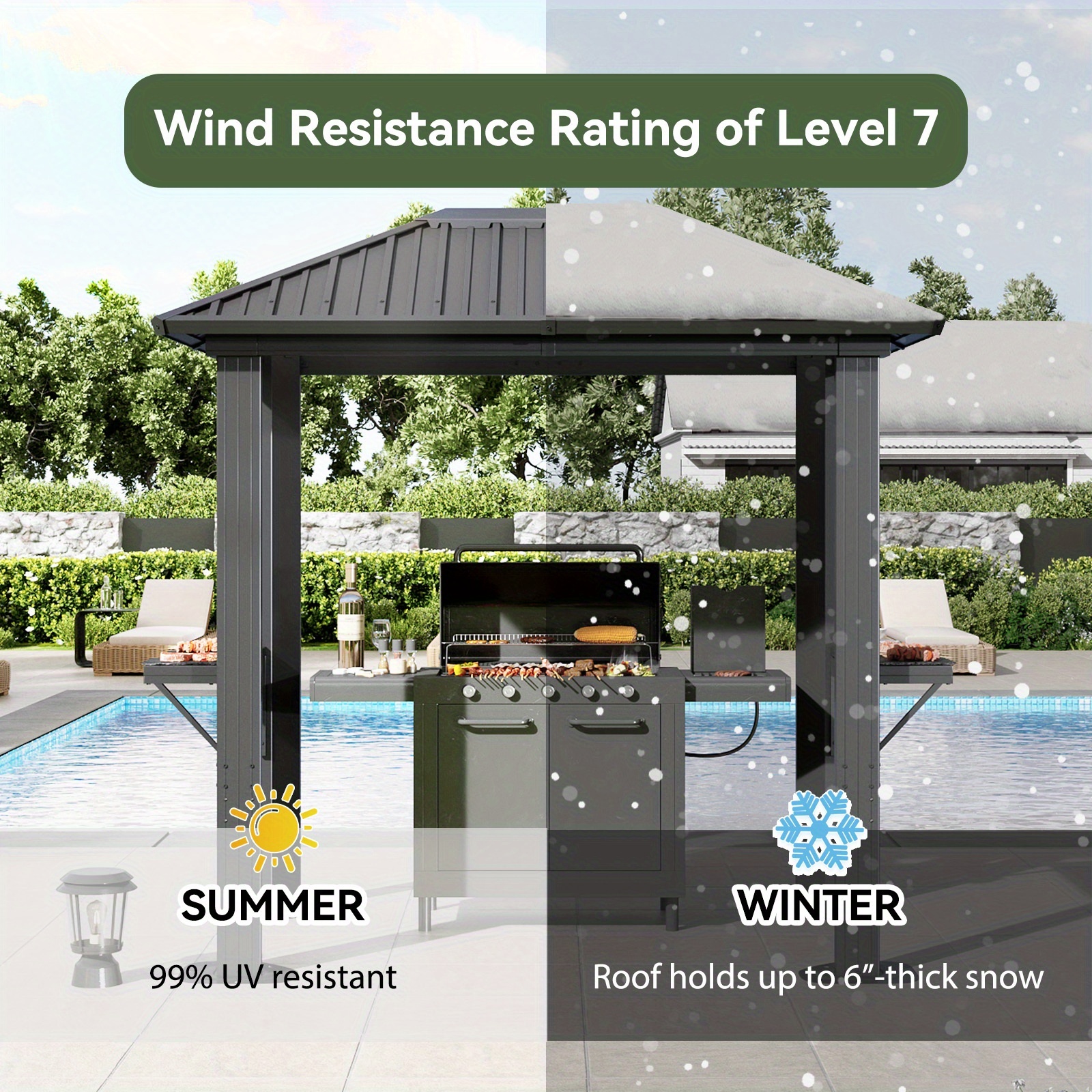 Oneinmil 8 X 5FT Hardtop Grill Gazebo With Double Polycarbonate Roof/Metal Roof - Outdoor Grill Gazebo, Heavy-Duty Grill Shelter With Aluminum Frame, Patio Cover For Grilling & Dining, BBQ Gazebo For Outdoor Grill, Backyard, Patio, (On ) - Image 6