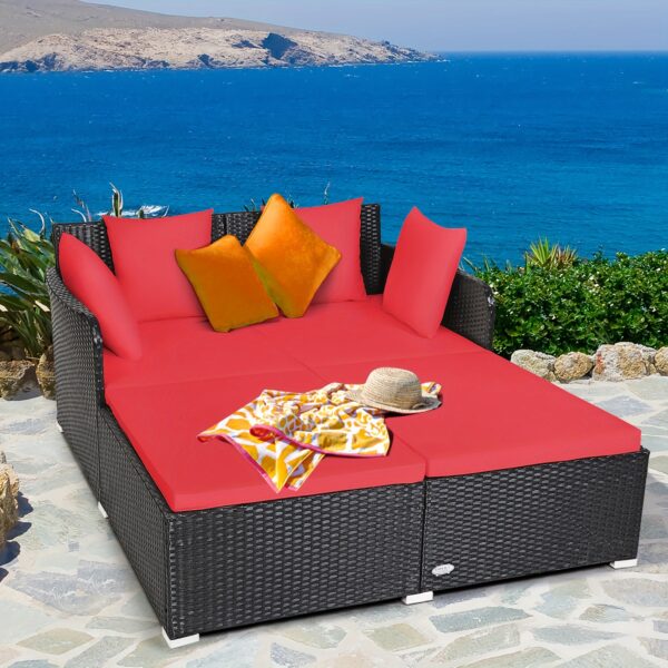 [Weather-Resistant | Rattan] Costway 2-Person Weather-Resistant Rattan Daybed with Cushions and Pillows | Modern Outdoor Sofa | Durable Patio Furniture, 800 lbs Capacity, Turquoise & Red Accents, Includes Instruction Manual - Image 7