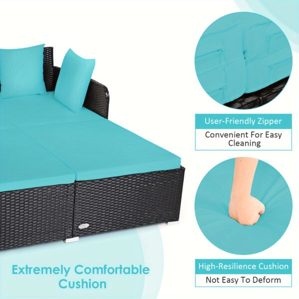 [Weather-Resistant | Rattan] Costway 2-Person Weather-Resistant Rattan Daybed with Cushions and Pillows | Modern Outdoor Sofa | Durable Patio Furniture, 800 lbs Capacity, Turquoise & Red Accents, Includes Instruction Manual - Image 11