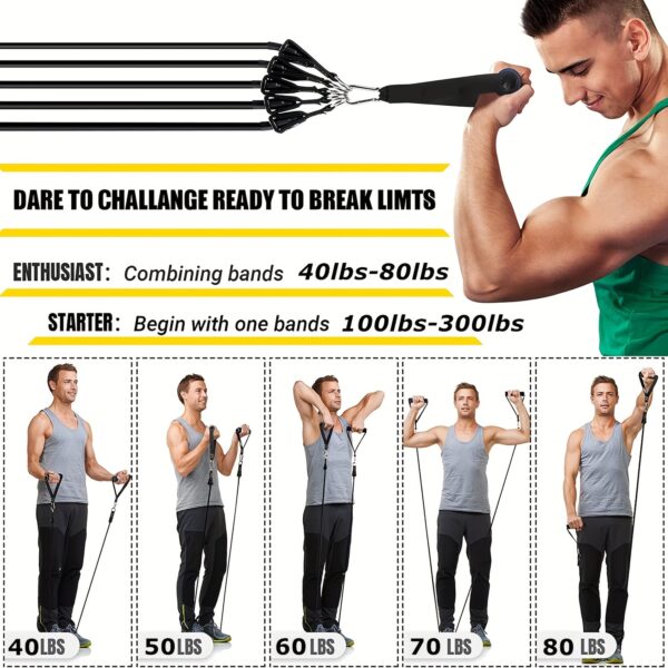 [Heavy Tension Workout Bar] 300lbs Anti-snap Heavy Tension Workout Bar Fitness Resistance Bands Set - Latex Fabric, Black Color, Pilates Yoga Pull Rope Exercise Training Expander Gym Equipment for Home Bodybuilding - Image 8