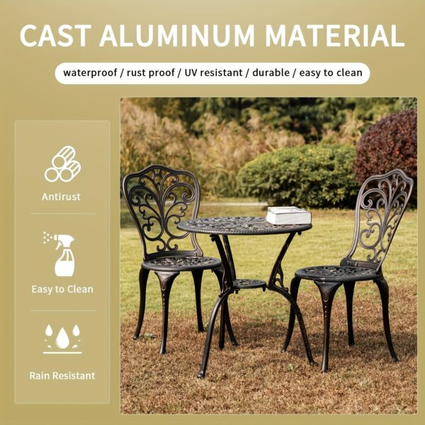 Outdoor Patio Bar Table and Chair Set, Cast Aluminum Pub Furniture, Suitable for Garden, Balcony, Terrace, Red Copper Outdoor Patio Coffee Table and Chairs, Premium Metal Frame Patio Furniture, Ideal for Porch, Poolside, Balcony, Garden, Patio, Patio Furniture Sets - Image 2
