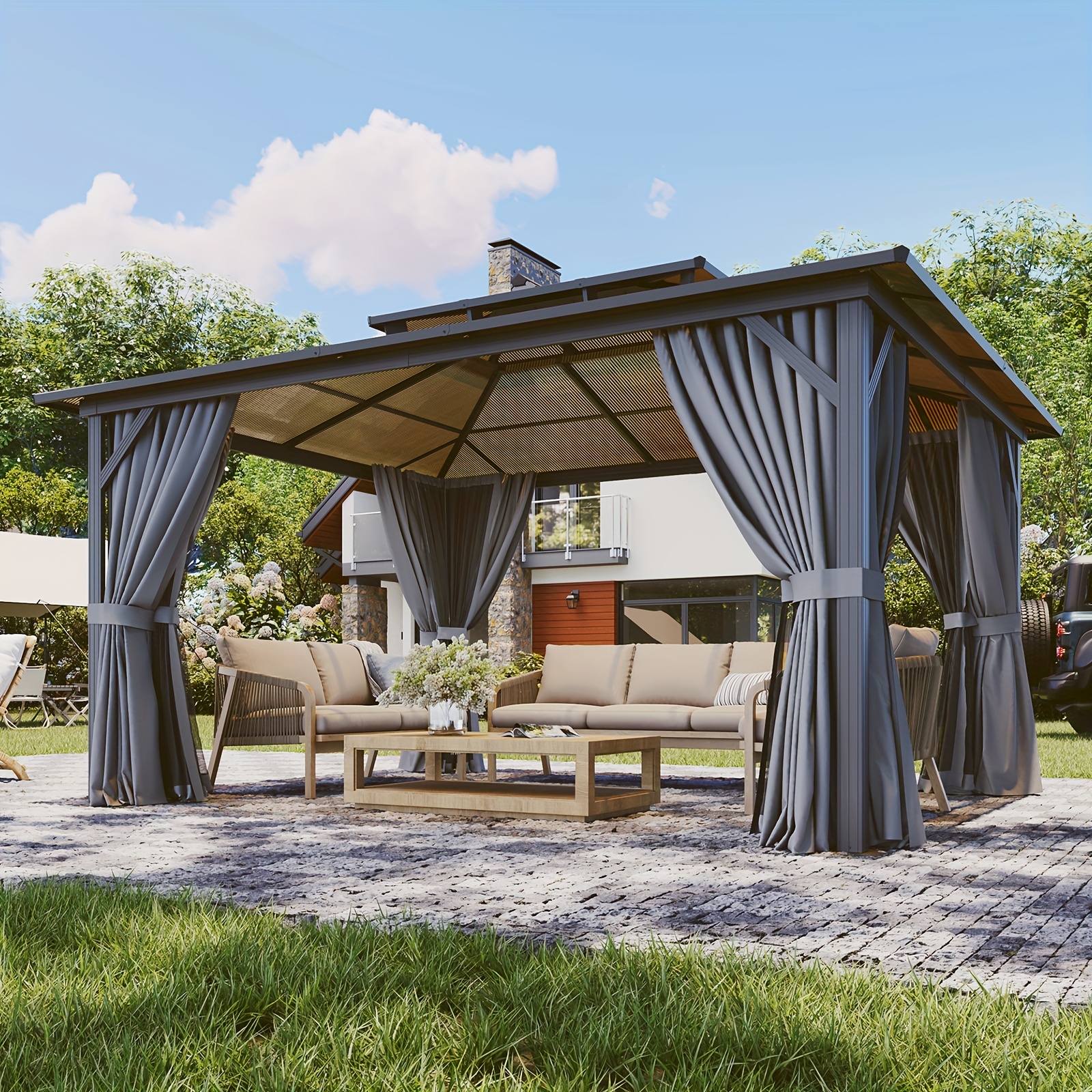 14'x12' Hardtop Gazebo for Patio, Outdoor Aluminum Gazebo with Double Roof, Curtains & Netting, Weather-Resistant Permanent Pavilion, Backyard Patio Furniture for Garden, Lawn, Deck (Gray) - Image 11