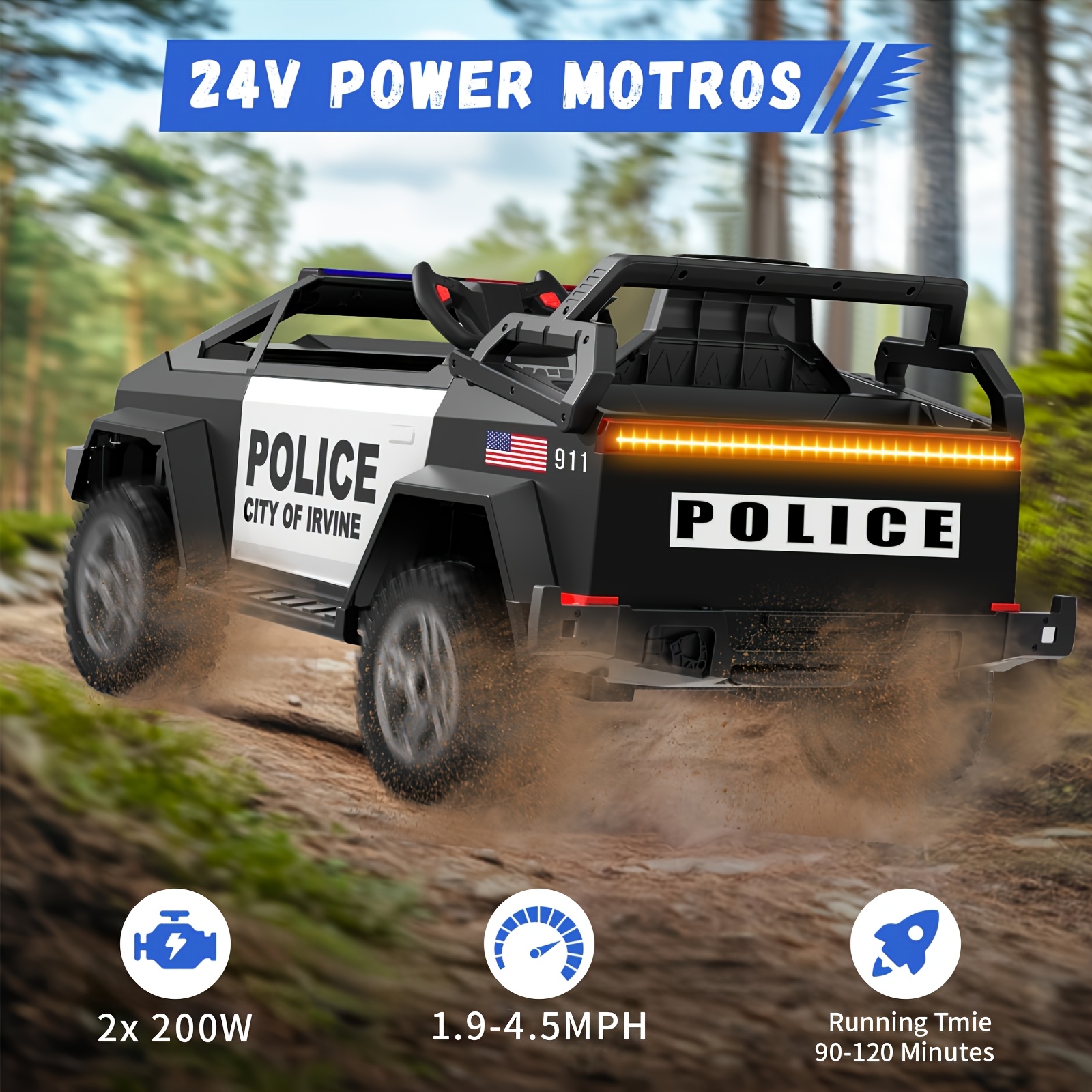 24V Kids Remote Control Police Car with Parental Remote, Siren, Flashing Lights, Spring Suspension & Realistic Design - Rechargeable 5000mAh Battery, Wireless, Gray/Black for Ages 3-8 (Birthday & Holiday Gift), Kid Car Accessories, Outdoor Play Vehicle, Authentic Cops Vehicle, Young Adventurers - Image 8