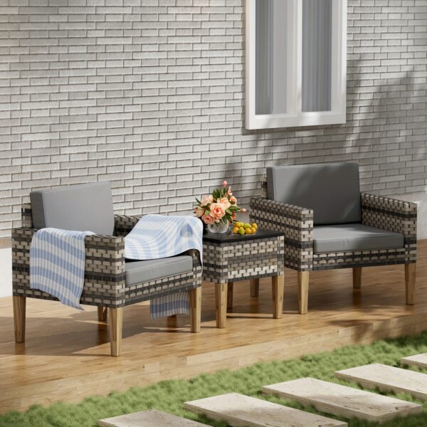 3pcs Wicker Bistro Set, Outdoor Conversation Furniture Set With Side Table& Cushions, Rattan Patio Furniture Set For Garden, Backyard, Porch, Poolside - Image 5