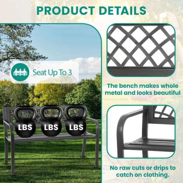 [Iron Frame Patio Bench Black] Garden Bench, Outdoor Benches, Iron Steel Frame Patio Bench with Mesh Pattern and Plastic Backrest Armrests for Lawn Yard Porch Work Entryway, Black - Image 4
