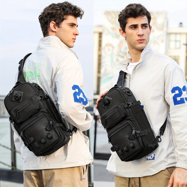 [Anti-Theft Backpack] Lightweight Anti-Theft Sling Backpack | Men's Adjustable Crossbody Bag with Multiple Compartments, Secure Buckle Closure & Mesh Pocket for Travel, Commuting, Daily Use - Black - Image 14