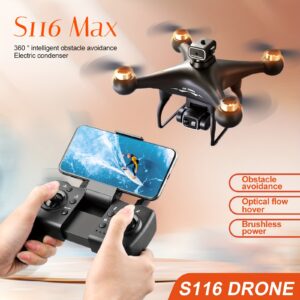 Black S116 MAX Drone with FPV Camera, Brushless Motor Drone, 10-12 Min Flight Time, WiFi FPV, Trajectory Control, Obstacle Avoidance, Optical Flow Hover, for Adults & Beginners, Birthday/Christmas Gift for Drone flying & Photography, Outdoor Flying, Stylish Remote Control, Durable Construction, Recreational Flying, Lightweight Design, Stable Flight, Beginner Drone