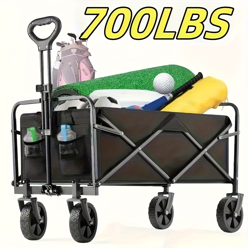Upgraded 360° All-terrain Heavy-duty Folding Sports Transporter with Adjustable Handle And Cup Holder, Suitable for Gift Packaging for Camping, Beach Travel, Family Picnic, Gardening And Other Scenarios-Wagon Cart