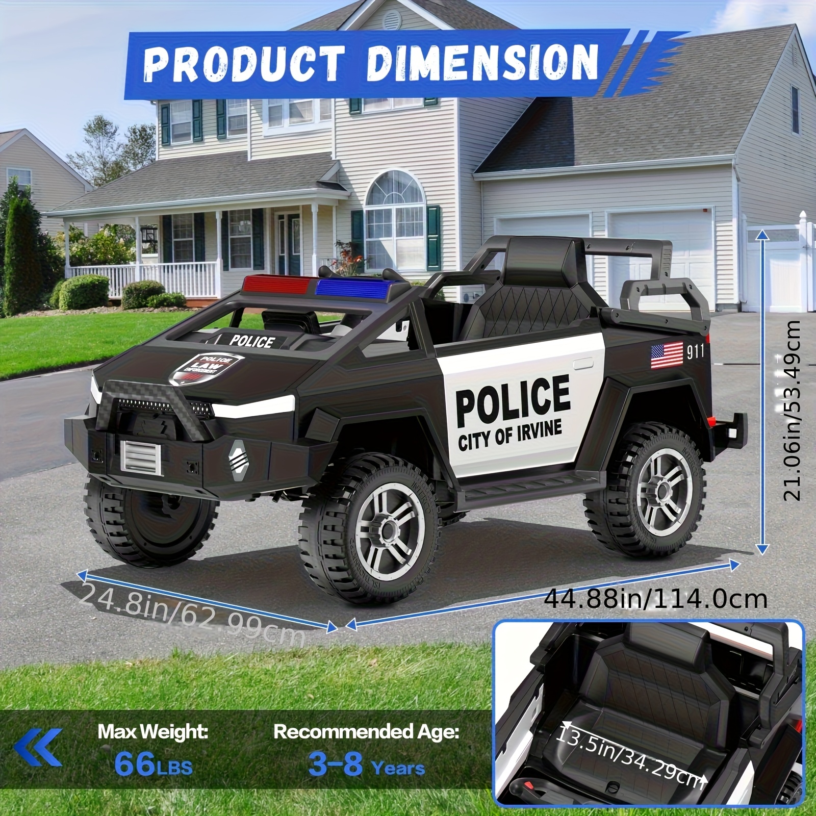 24V Kids Remote Control Police Car with Parental Remote, Siren, Flashing Lights, Spring Suspension & Realistic Design - Rechargeable 5000mAh Battery, Wireless, Gray/Black for Ages 3-8 (Birthday & Holiday Gift), Kid Car Accessories, Outdoor Play Vehicle, Authentic Cops Vehicle, Young Adventurers - Image 7