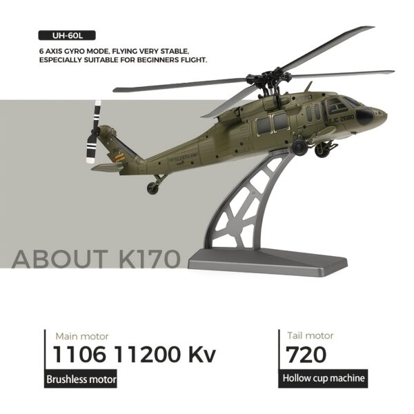 WLtoys K170 Blackk Hawk UH-15.85gal 170 RC Helicopters 2.4G 4CH Flybarless 1106 External Brushless Motor RC Helicopter Toys for Adults Boys - Image 5