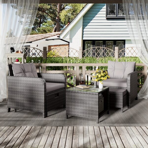 [Outdoor Lounge Chairs] 5pcs PE Wicker Rattan Patio Conversation Set | Balcony Furniture with Soft Cushions, 2 Ottoman, Glass Table for Porch - Image 11