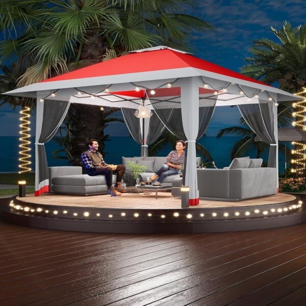 13x13ft Instant Pop-Up Gazebo with Mosquito Net & Double Roof, Adjustable Height UV-Resistant Canopy Tent, Red & Light Gray Outdoor Shelter for Patio, Backyard, Camping, Garden, Outdoor Tent Canopy, Patio Shelter, Elegant Patio Cover, Outdoor Canopy, Foldable Gazebo, Lightweight Tent, Outdoor Shade, Outdoor Enthusiasts - Image 2