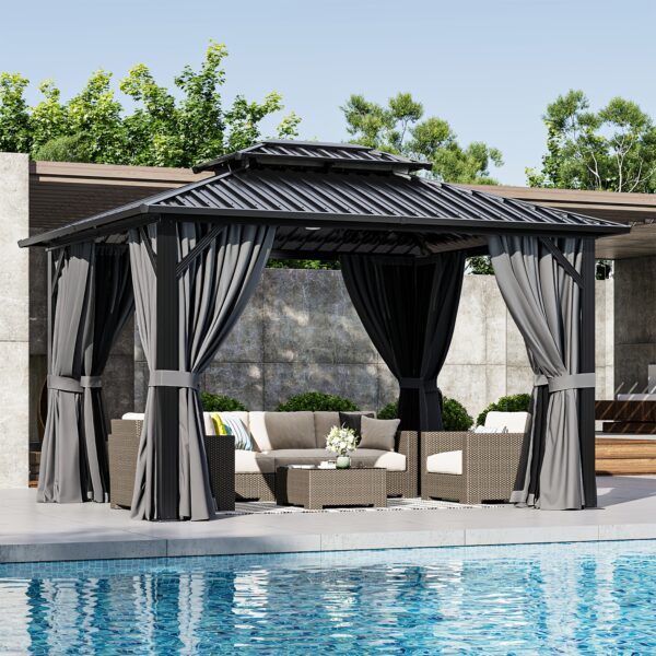 10'x12' Hardtop Gazebo with Aluminum Frame, Double Galvanized Steel Roof, Netting & Curtains, Outdoor Pavilion for Backyard, Patio & Deck