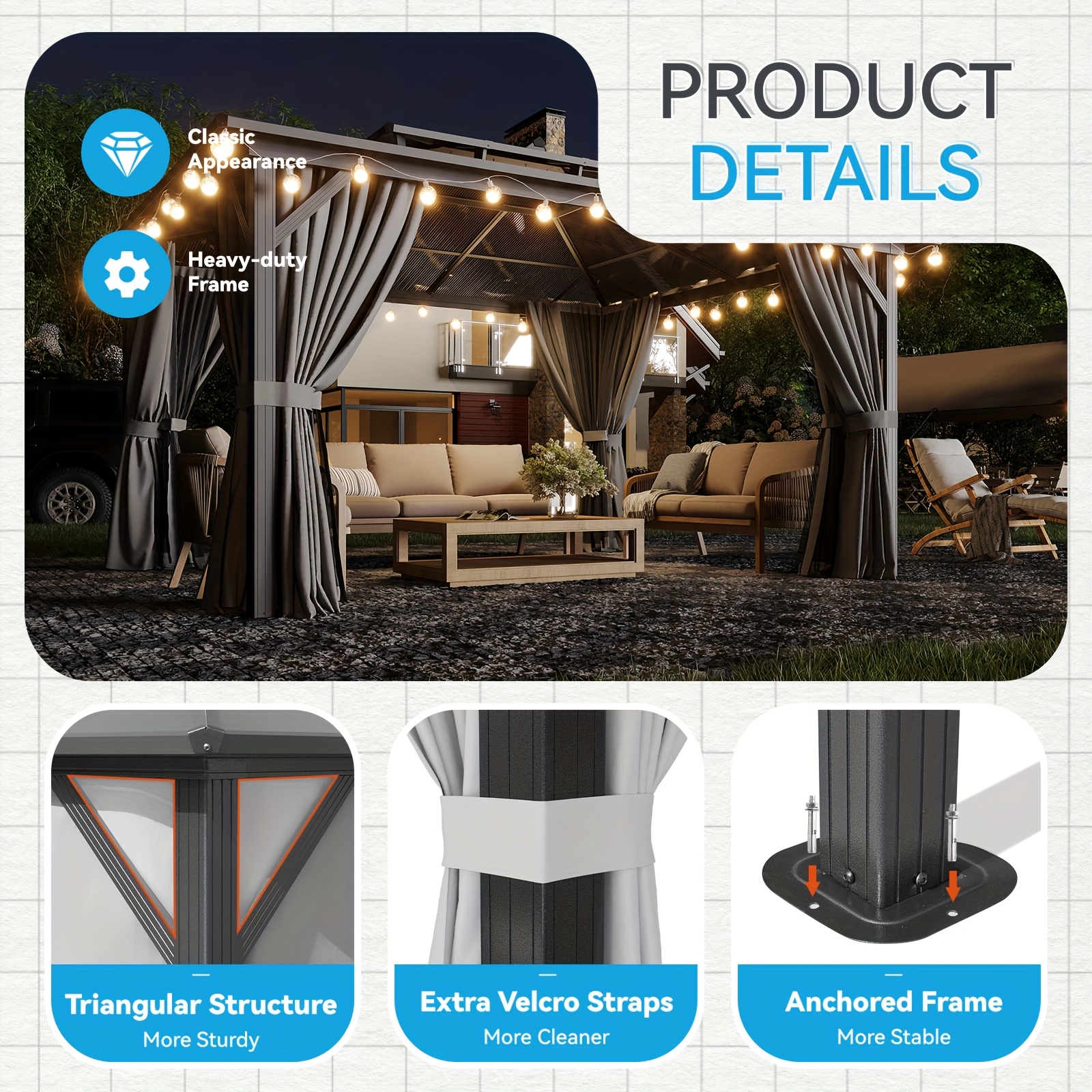 14'x12' Hardtop Gazebo for Patio, Outdoor Aluminum Gazebo with Double Roof, Curtains & Netting, Weather-Resistant Permanent Pavilion, Backyard Patio Furniture for Garden, Lawn, Deck (Gray) - Image 8