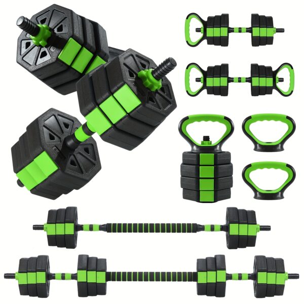 1 PE Iron Sand Cement Octagonal Adjustable Dumbbell Kettlebell Barbell Three-in-one Set No Black Green 88, 66, 44 Poundspounds - Image 2