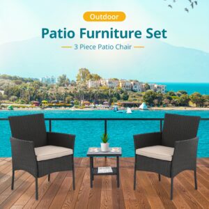Patio Furniture Set 3pcs Wicker Furniture Wicker Table and Chairs with Coffee Table for Outdoor Garden Furniture Set with Cushions for Yard, Balcony, Poolside