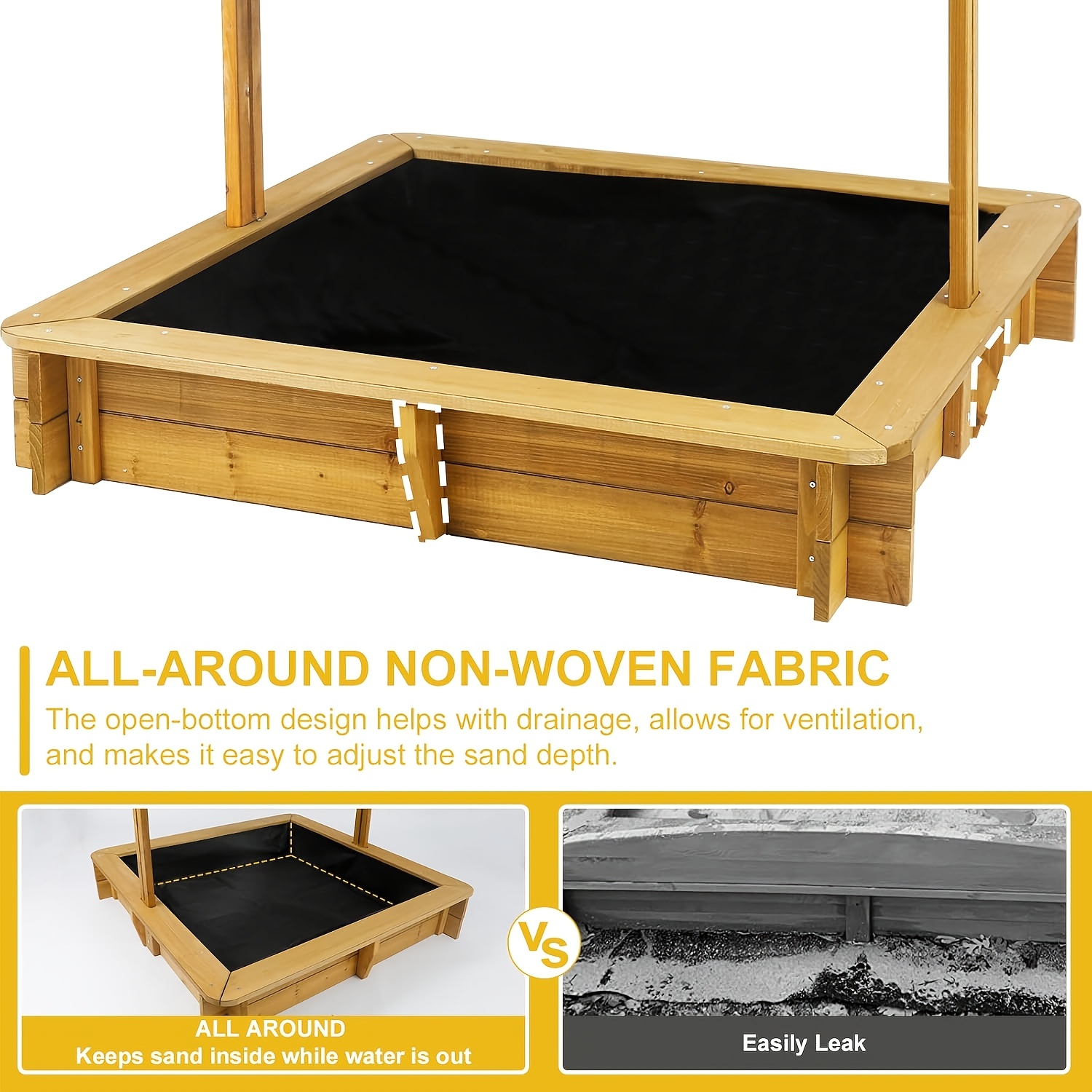 KETIVE Wooden Sandbox With Cover, Outdoor Kids Sand Box With Lid 4 Reinforced Bench Seats & UV-Resistant, Height Adjustable Canopy All-Round Bottom Liner Outdoor For Backyard Beach (45.3'' X 45.3'') - Image 8