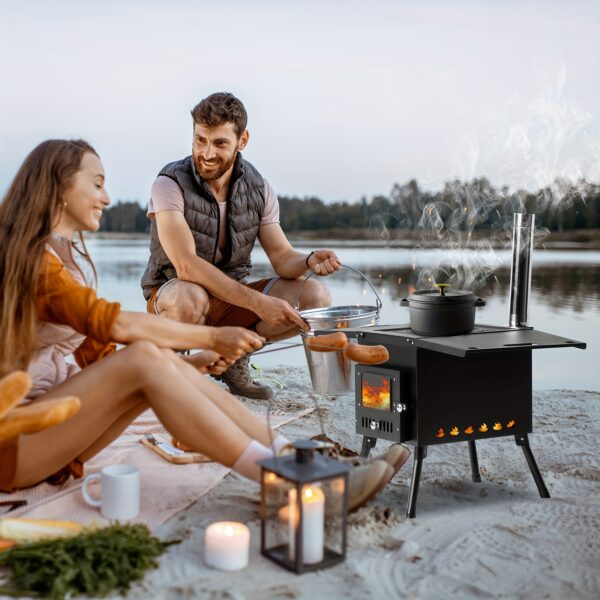 [Wood Stove] Portable Wood Burning Stove | Camping Wood Stove, Outdoor Tent Stove With Stainless Chimney Pipes, Tent Stove Jack & Gloves For Outdoor Camping Cooking And Heating (Black) - Image 5