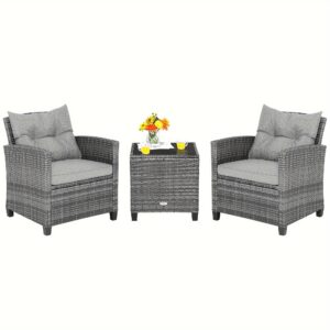 3pcs Costway Patio Rattan Furniture Set, Wicker Bistro Conversation Set With 2 Cushioned Armchairs & Glass Topped Table, Outdoor Rattan Sofa Set Furniture For Patio Porch Balcony Poolside