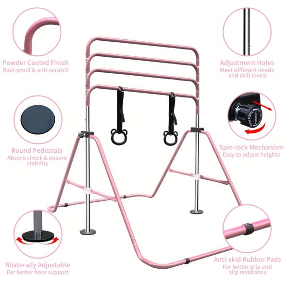 Adjustable Height Kids Monkey Bars with Bear Rings - Foldable Multifunctional Gymnastics Bar for Strength & Balance Training, Heavy-Duty Steel Home Gym Equipment with Non-Slip Base & 110 lbs Capacity, Space-Saving Design for Toddlers & Children (Purple/Green/Blue), Indoor Playset, Playful Design, Sturdy Construction - Image 5