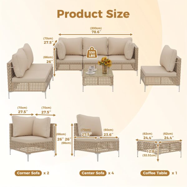 7pcs Outdoor Rattan Sofa Set with Coffee Table, Waterproof Seat Cushion, All-weather Seating - Suitable for Patios, Gardens, Poolside Outdoor Furniture - Image 4