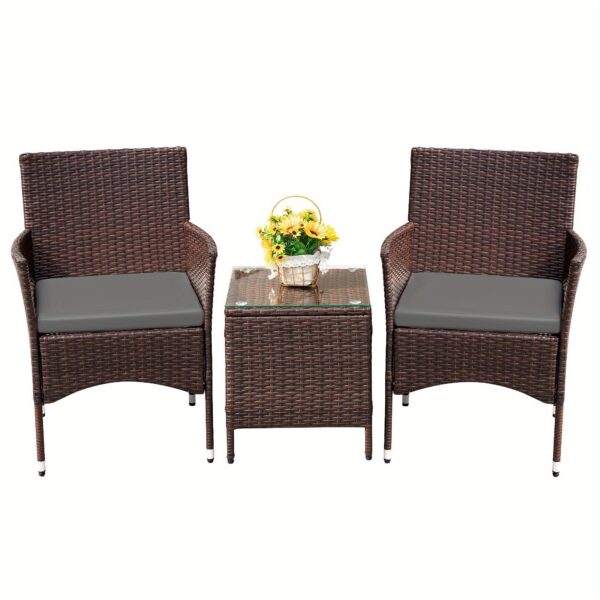 3pcs Rattan Outdoor Patio Set Wicker Conversation Set with Cushion Glass Coffee Table - Image 7