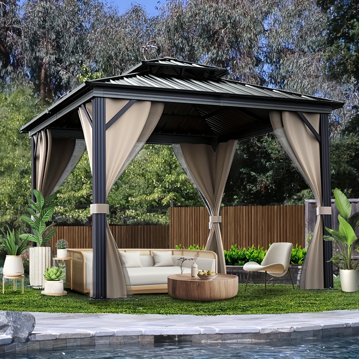 10x10ft Galvanized Steel Hardtop Gazebo with Heavy-Duty Double Roof, Waterproof Netting & Curtains - Outdoor Patio Backyard Deck Lawn Shade Shelter, Mixed Color, Gazebo Curtains Outdoor - Image 4