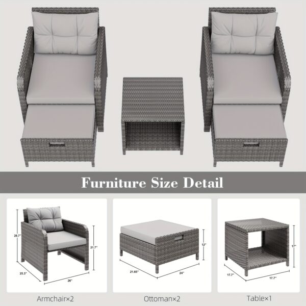 [Outdoor Lounge Chairs] 5pcs PE Wicker Rattan Patio Conversation Set | Balcony Furniture with Soft Cushions, 2 Ottoman, Glass Table for Porch - Image 2