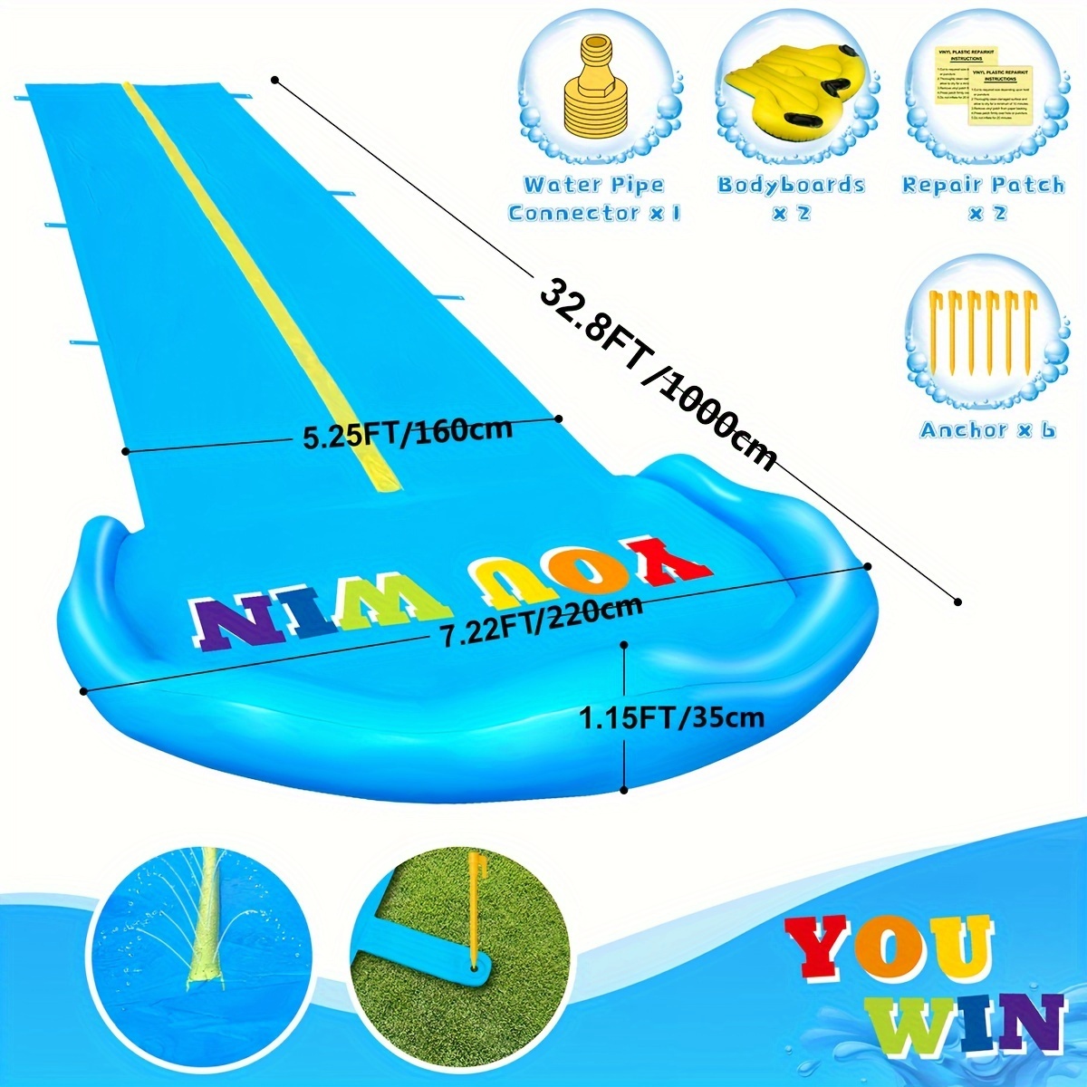 10m Extra Long Water Slide, 32.8ft Inflatable Splash Water Slip with 2 Racing Lanes and 2 Body Boards for Kids Boys Girls Adults Outdoor Summer Water Toys - Image 5