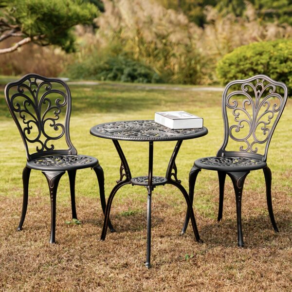 Outdoor Patio Bar Table and Chair Set, Cast Aluminum Pub Furniture, Suitable for Garden, Balcony, Terrace, Red Copper Outdoor Patio Coffee Table and Chairs, Premium Metal Frame Patio Furniture, Ideal for Porch, Poolside, Balcony, Garden, Patio, Patio Furniture Sets