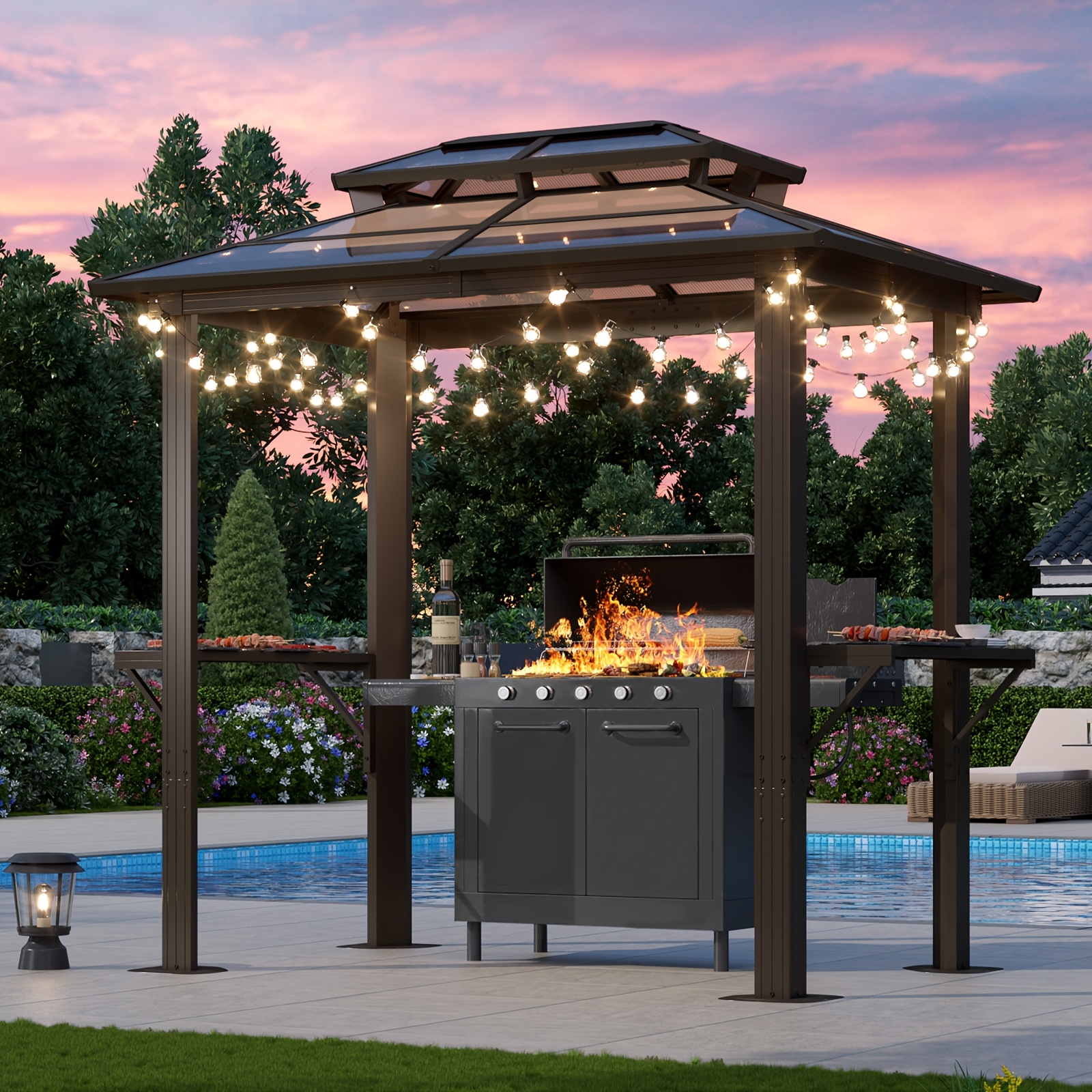 Oneinmil 8 X 5FT Hardtop Grill Gazebo With Double Polycarbonate Roof/Metal Roof - Outdoor Grill Gazebo, Heavy-Duty Grill Shelter With Aluminum Frame, Patio Cover For Grilling & Dining, BBQ Gazebo For Outdoor Grill, Backyard, Patio, (On ) - Image 5
