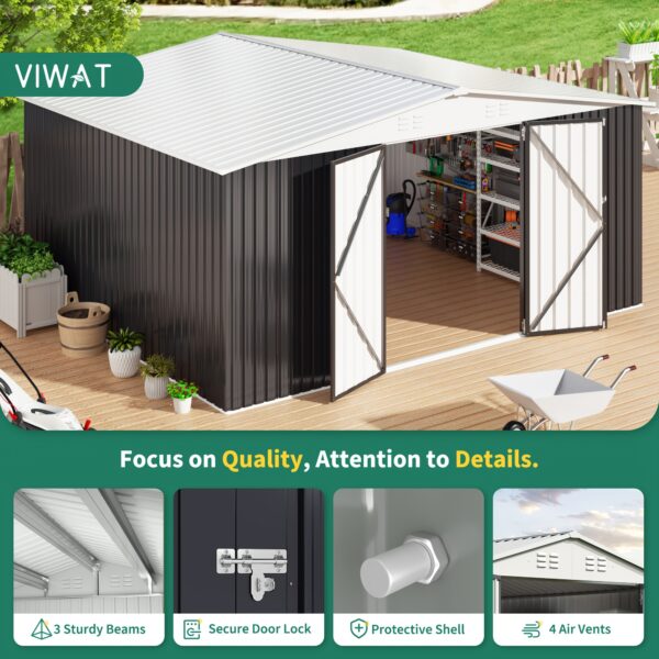 [12x14 FT Metal Shed] Super Spacious 12x14 FT Metal Storage Shed | Durable Frame, Lockable Door, White Roof | For Garden, Backyard, Patio, Tool Storage, Gifts For Boyfriend Or Husband - Image 2