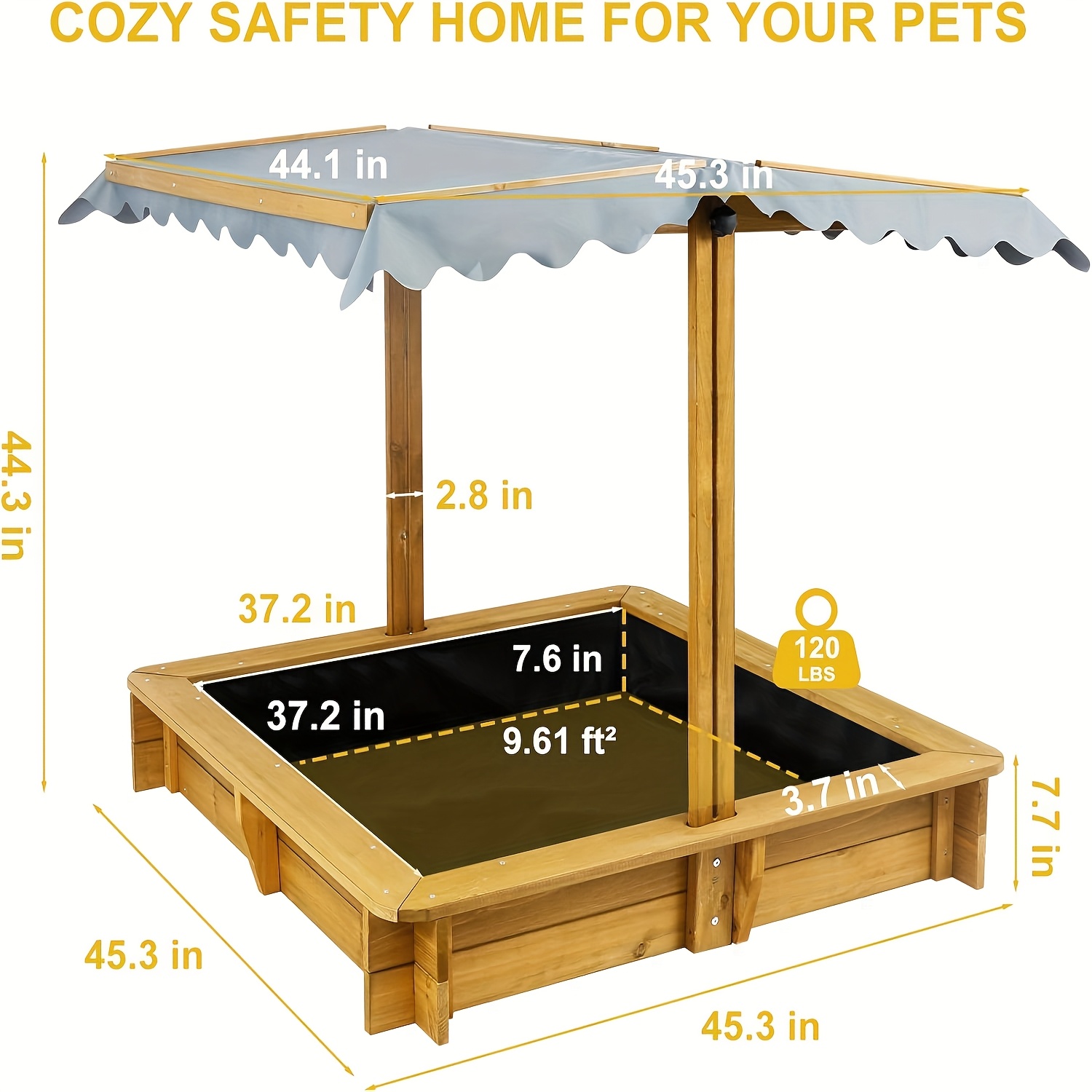 KETIVE Wooden Sandbox With Cover, Outdoor Kids Sand Box With Lid 4 Reinforced Bench Seats & UV-Resistant, Height Adjustable Canopy All-Round Bottom Liner Outdoor For Backyard Beach (45.3'' X 45.3'') - Image 2