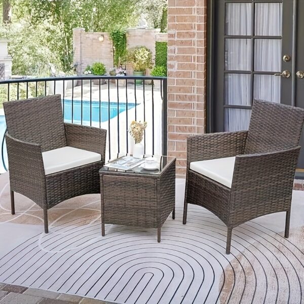 3pcs Rattan Outdoor Patio Set Wicker Conversation Set with Cushion Glass Coffee Table