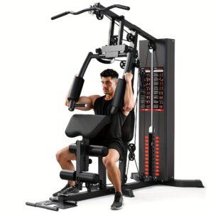 MITONOS M1 Home Gym Station with 140LBS Weight Stack - Multifunctional Full-Body Workout Equipment w/Pulley System, Adjustable Resistance Bands & Ergonomic Padded Backrest - No Power Required Strength Training for All Fitness Levels (Black), Home Gym Equipment | Sleek Modern Gym | Padded Backrest Feature | Home Fitness, Gym Accessories