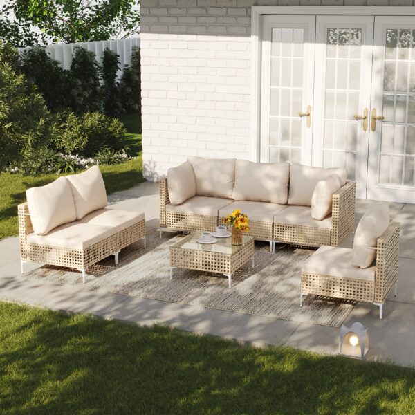 7pcs Outdoor Rattan Sofa Set with Coffee Table, Waterproof Seat Cushion, All-weather Seating - Suitable for Patios, Gardens, Poolside Outdoor Furniture