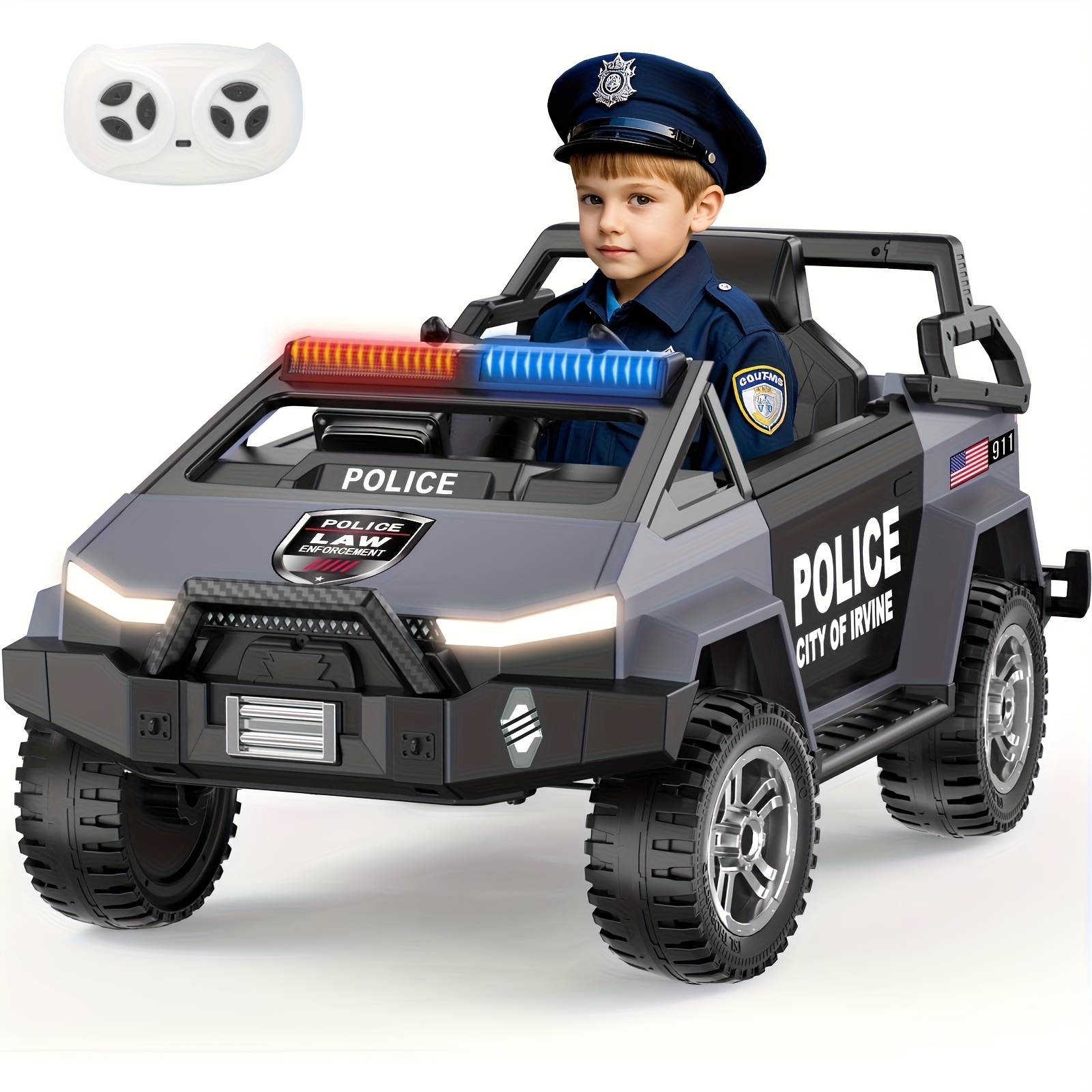 24V Kids Remote Control Police Car with Parental Remote, Siren, Flashing Lights, Spring Suspension & Realistic Design - Rechargeable 5000mAh Battery, Wireless, Gray/Black for Ages 3-8 (Birthday & Holiday Gift), Kid Car Accessories, Outdoor Play Vehicle, Authentic Cops Vehicle, Young Adventurers - Image 4