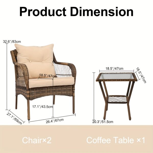 3pcs Patio Furniture Set, Outdoor Furniture With Soft Cushion And Glass Table, All-Weather Manual Weaving Wicker Rattan Patio Chairs For Garden, Backyard, Porch, Poolside - Image 4