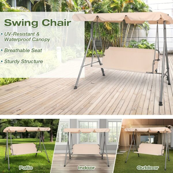 [Weather Resistant Patio Swing] 3-Seat Weather Resistant Outdoor Patio Swing Chair - Adjustable Tilt Canopy, Steel Frame, Beige - Image 8