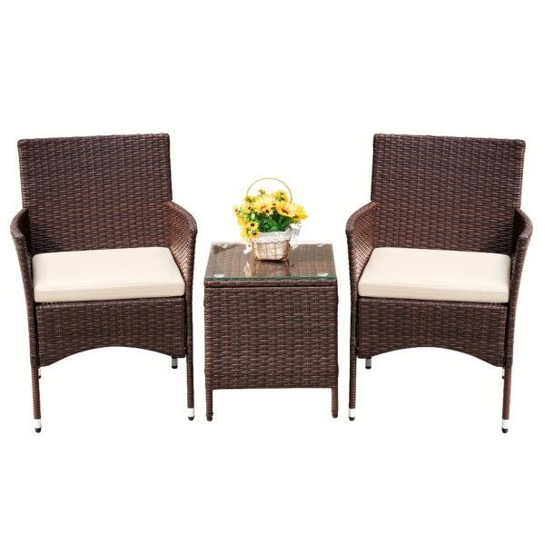 3pcs Rattan Outdoor Patio Set Wicker Conversation Set with Cushion Glass Coffee Table - Image 3