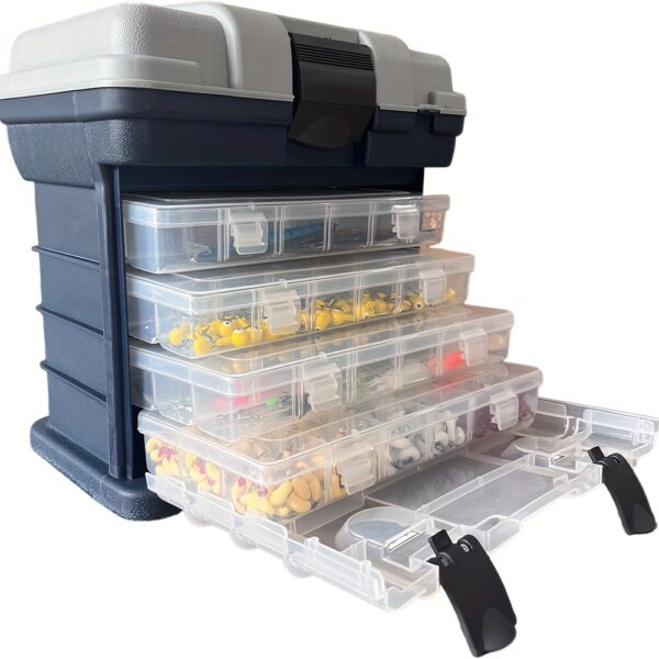 [Portable Fishing Tackle Box] 4-Tier Portable Fishing Tackle Box, Durable Polymer, Non-Waterproof, Multi-Compartment Organizer for Bait and Accessories, Gray (Bait Not Included), Outdoor Gear Storage, Fishing Tackle Box