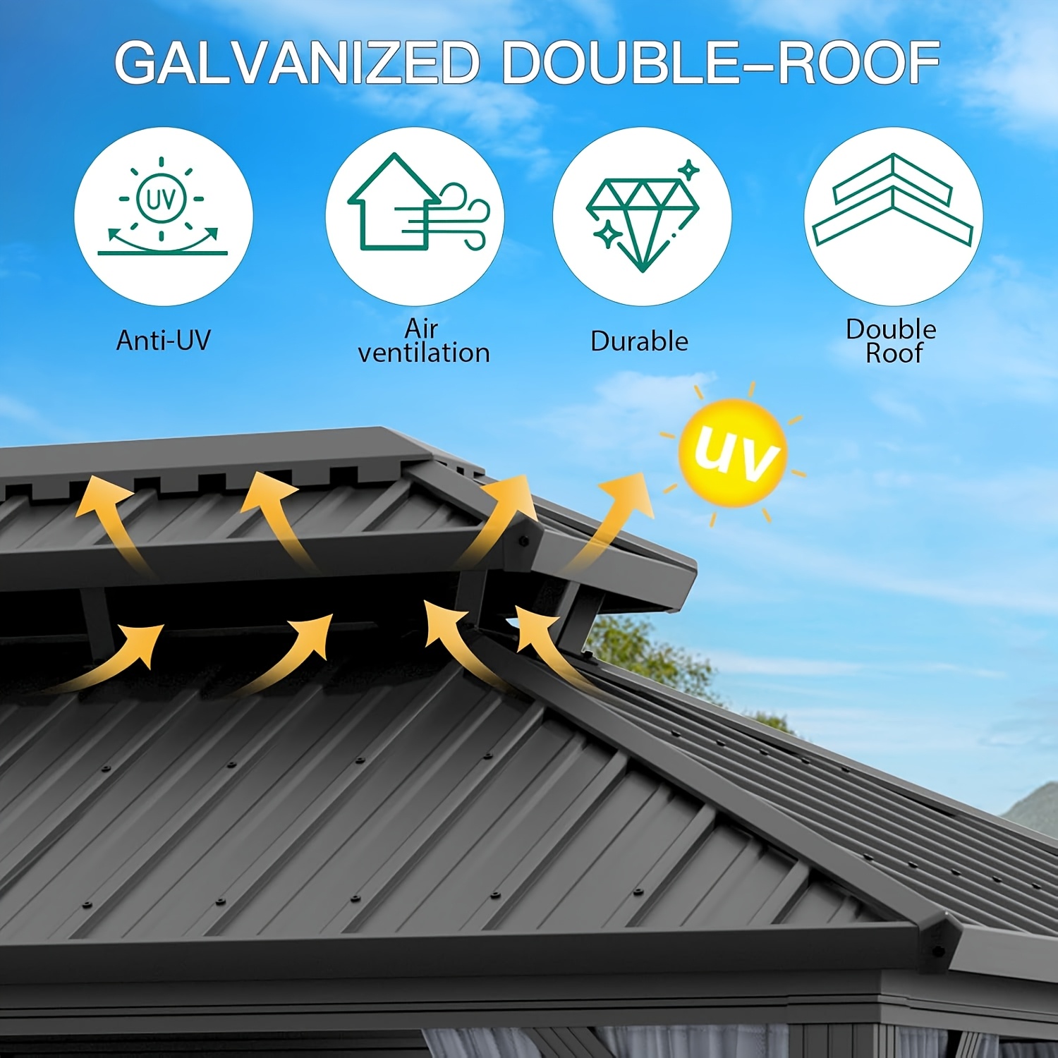 10x10ft Galvanized Steel Hardtop Gazebo with Heavy-Duty Double Roof, Waterproof Netting & Curtains - Outdoor Patio Backyard Deck Lawn Shade Shelter, Mixed Color, Gazebo Curtains Outdoor - Image 5