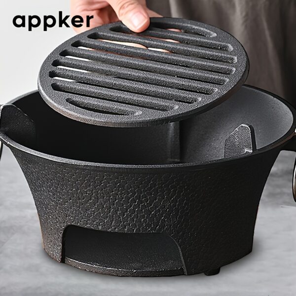 APPKER Cast Iron Charcoal Stove Set - Versatile Round Heating Grill with Lid, Folding Handles, and Grate - Perfect for BBQ, Outdoor Cooking, and Kitchen Use - Black, Charcoal Grill