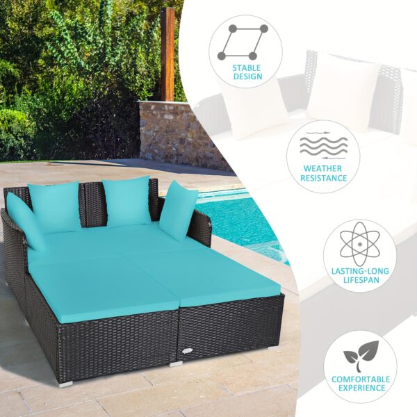 [Weather-Resistant | Rattan] Costway 2-Person Weather-Resistant Rattan Daybed with Cushions and Pillows | Modern Outdoor Sofa | Durable Patio Furniture, 800 lbs Capacity, Turquoise & Red Accents, Includes Instruction Manual - Image 8