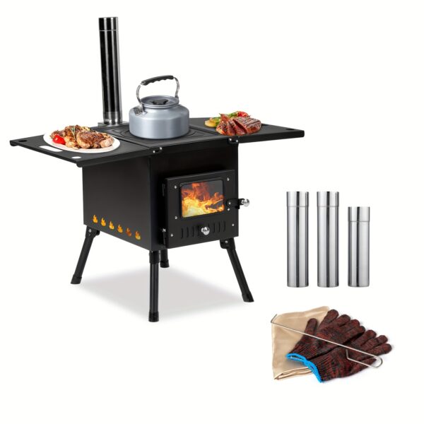 [Wood Stove] Portable Wood Burning Stove | Camping Wood Stove, Outdoor Tent Stove With Stainless Chimney Pipes, Tent Stove Jack & Gloves For Outdoor Camping Cooking And Heating (Black) - Image 3